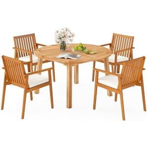 Tangkula 5 Pieces Wood Round Patio Dining Set, Outdoor Acacia Table and Chairs with Umbrella Hole and Soft Cushions, Outside Furniture Set for Deck, Garden and Backyard