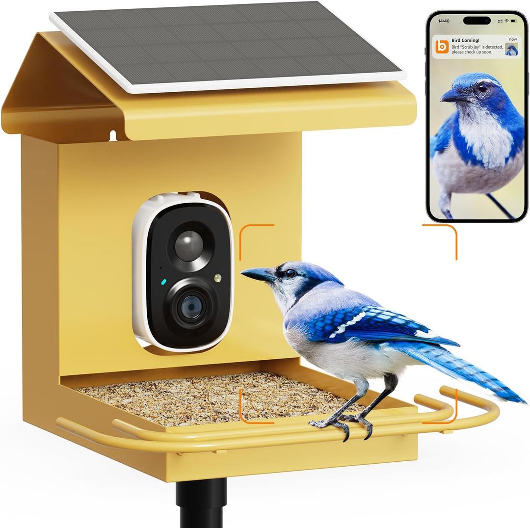 Metal Smart Bird Feeder with Camera Solar Powered Only 2.4G WiFi Compatible, Lifetime Free AI Bird Feeder Camera 2.5K Motion Activated Wireless Outdoors Pole Mount, Gift for Bird Lovers