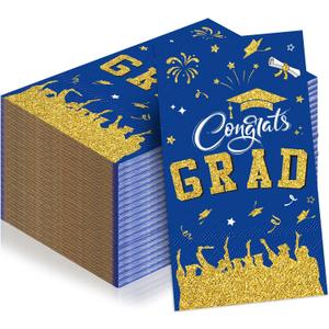 2 x Supervitae 100pcs 2026 Graduation Paper Napkins Congrats Grad Disposable Cocktail Napkins for High School University College Graduation Party Lunch Dinner Decoration Supplies (Blue,Gold)
