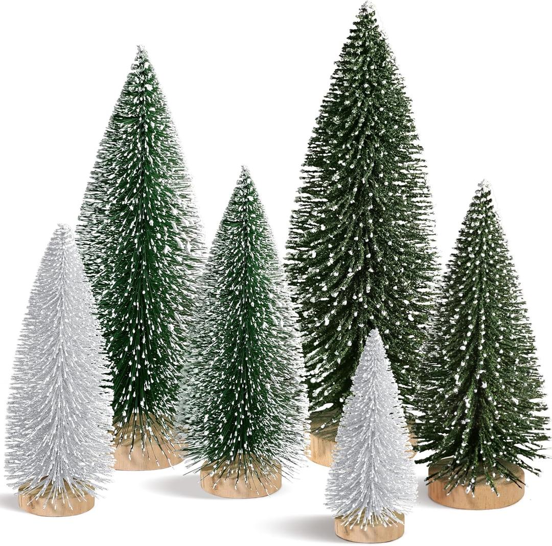 Hatisan 6pcs Mini Christmas Trees Small Bottle Brush Trees with Wooden Base, Artificial Christmas Trees for Village Tabletop Home Room Party Craft Christmas Decor Indoor(Green,Silver)