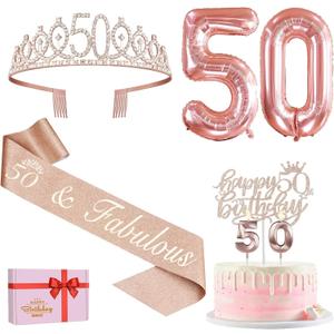 50th Birthday Decorations Women, Include 50th Birthday Sash and Tiara, Cake Topper and Candles, Number Balloons, 50 Year Old Gifts for Women