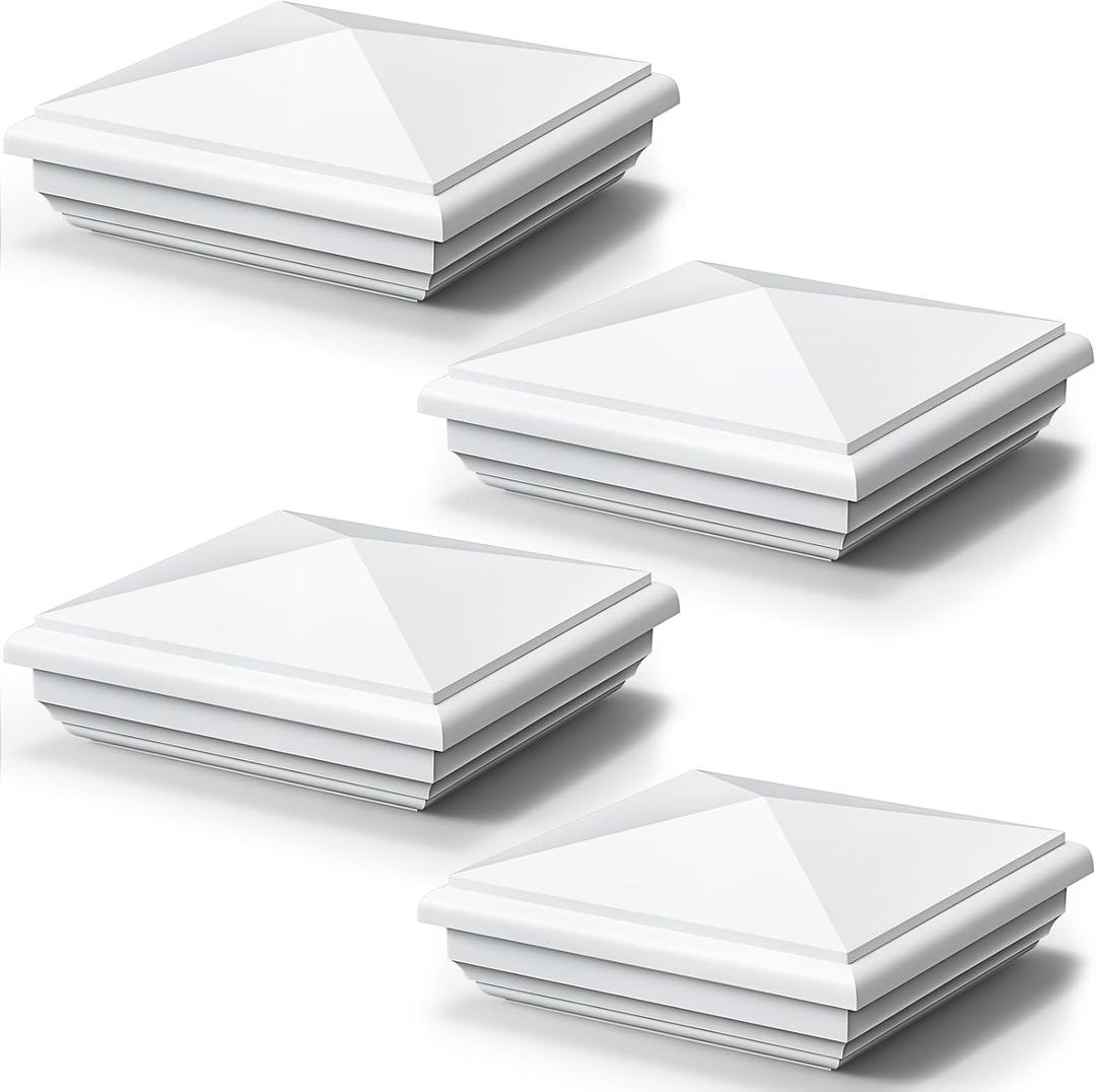 Sasylvia 4 Pcs 5 x 5 Inch Vinyl Fence Post Caps (Actual 5x5), White PVC England Style Cap Top Pyramid Square Waterproof UV Resistant Decorative Vinyl Fence Post Caps