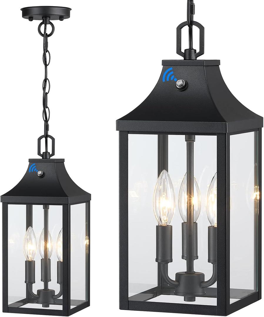 Large Outdoor Pendant Light Fixtures 3-Light, 15'' Dusk to Dawn Exterior Hanging Lantern Porch Light Adjustable, Black Hanging Lamp Farmhouse Exterior Chandelier Ceiling Mount for Entrance Patio