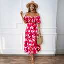 Summer Bright Floral Dress for Women 2025 - Versatile Square Neck or Off-Shoulder with Puff Sleeve for Casual, Beach (Pink, S)