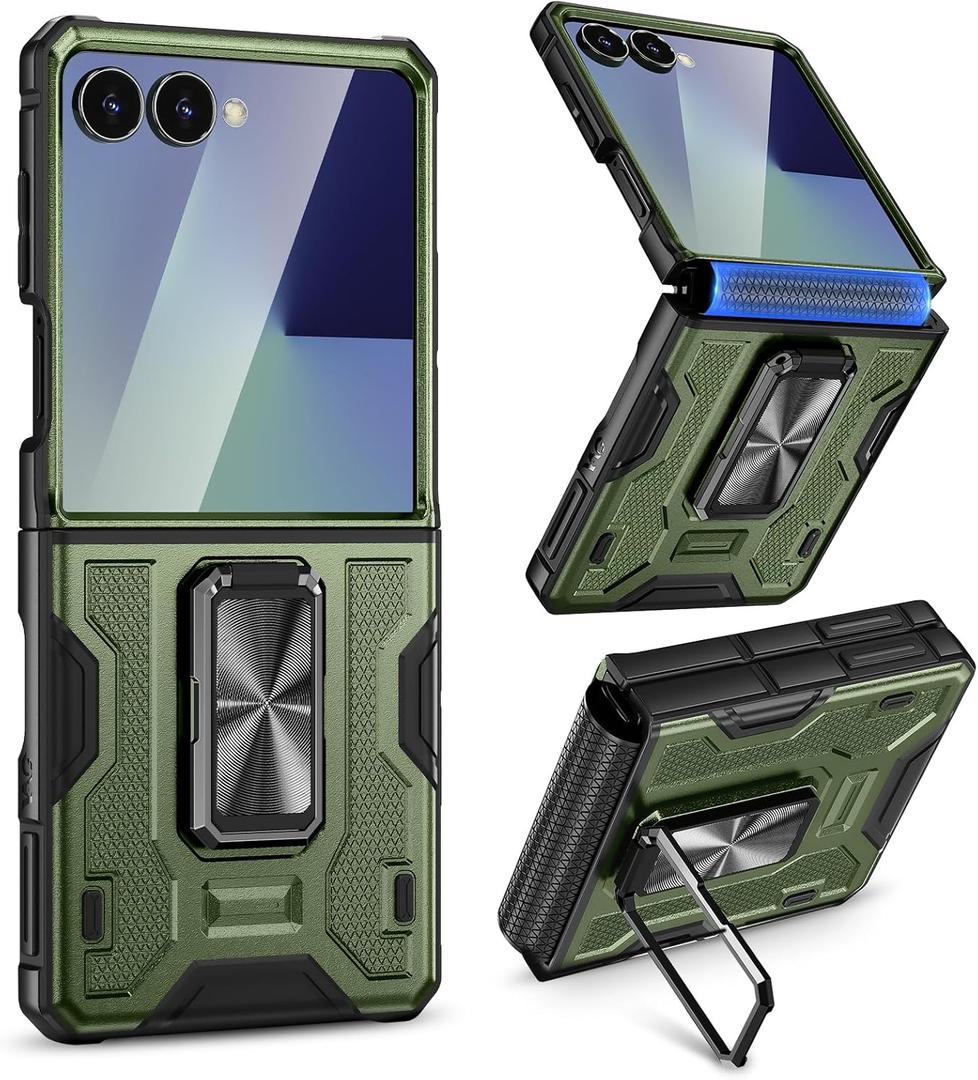 VEGO Case for Samsung Galaxy Z Flip 7 with Built-in Screen Protector & Hinge Protection[Anti-Scratch][360Rotating Stand] Full Body Drop Proof Protective Phone Case for Galaxy Flip 7(Not for FE)-Green