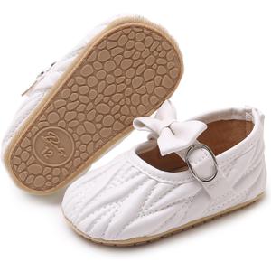 Baby Girls Mary Jane Flats Anti-Slip Rubber Sole Bow Toddler Princess Dress Shoes (White)