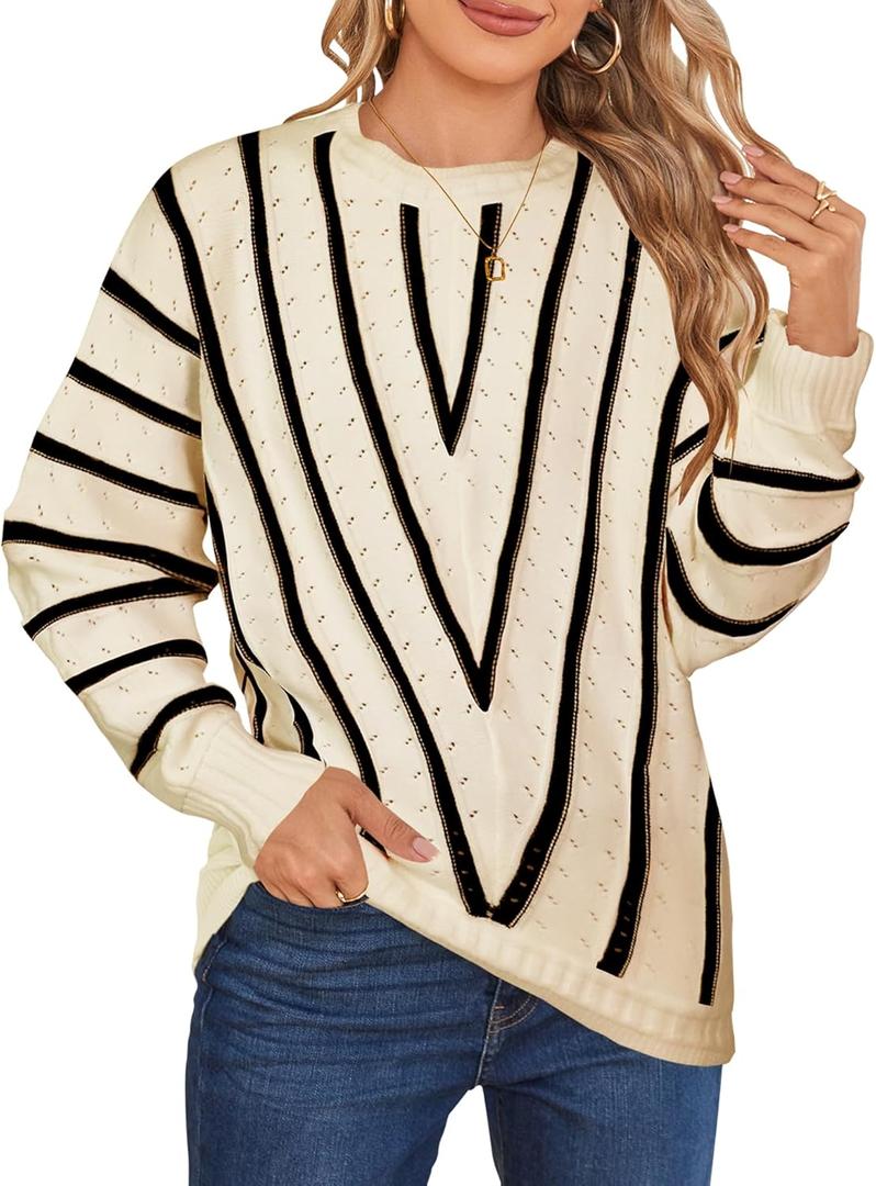 Cakulo Women's Oversized Fall Pullover Sweaters Batwing Long Sleeve Tunic Sweater Crochet Knit Tops 2025 (X-Large, Black and White)