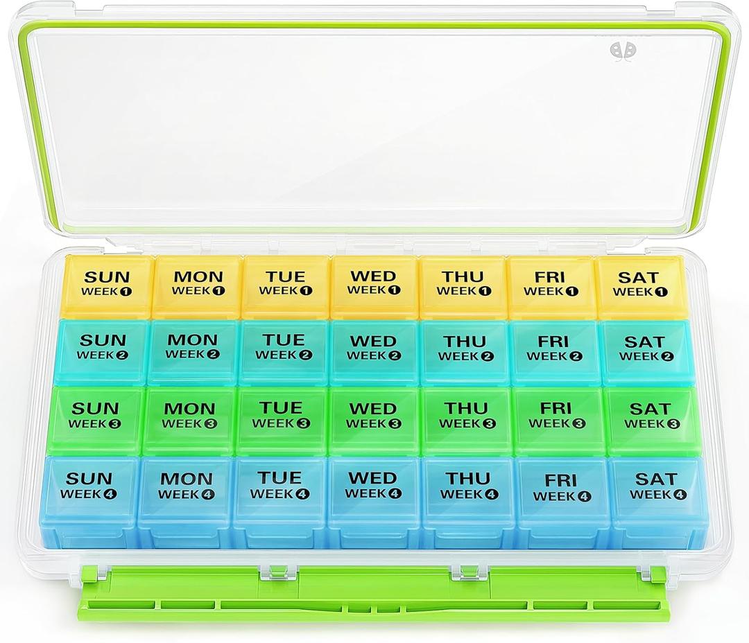 BUG HULL Monthly Pill Organizer, Moisture-Proof Large 28 Days Pill Box with Removable 4 Weeks Pill Case Rows, Medicine Pill Organizer, Travel Pills Organizer with One Month Pill Container for Vitamin (Green)