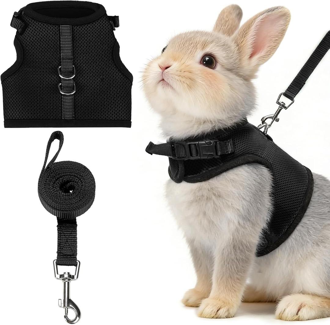 PUPTECK Bunny Rabbit Harness and Leash Set, Escape Proof Adjustable Small Pet Harness, Soft Breathable Mesh Vest Bunny Outfit, for Kitten Puppy Ferret Walking Accessories, Black M (M NECK 7", CHEST 10.5")