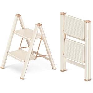 2 Step Ladder Folding Step Stool with Wide Anti-Slip Pedal, 330LBS Capacity, Lightweight Portable Stepladder for Home and Kitchen Use, Cream Chocolate