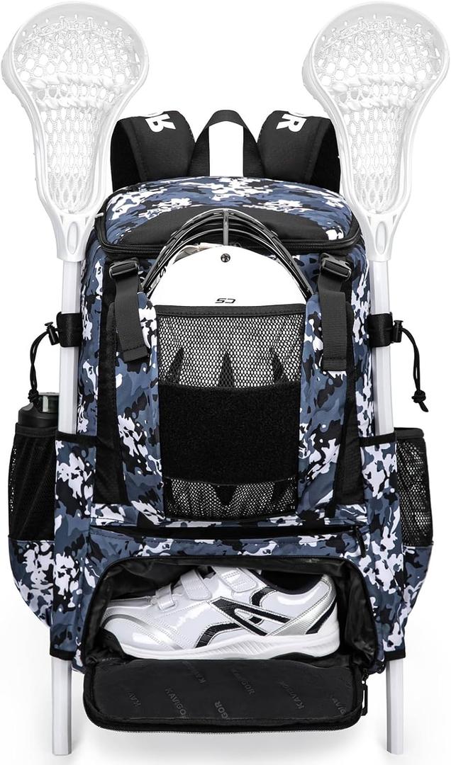 Lacrosse Bag 65L, Extra Large Lacrosse Gear Backpack with Multi-Pocket Design, Helmet Holder & Ventilated Shoe Compartment (Camo Blue)