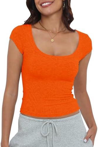 Artfish Women's Short Sleeve T-Shirts Low Scoop Neck Slim Fitted Ribbed Knit Casual Longer Crop Top XL