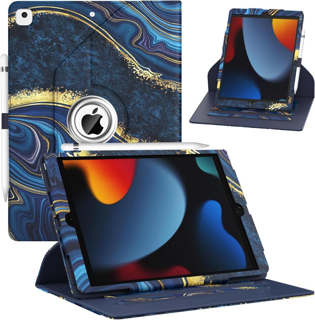 ZoneFoker Case for iPad 9th/8th/7th Generation, iPad 10.2 inch Case 2021/2020/2019, 360 Degree Rotating Stand, iPad 9 8 7 Gen 10.2 Leather Cover with Pocket Design & Pencil Holder, Marble Ocean Blue
