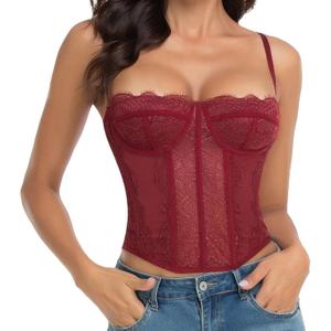 Lace Bustier Corset Tops for Women - Sexy Going Out Party Club Top with Buckle (Medium, Burgundy)