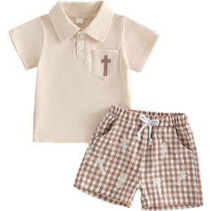 Toddler Baby Boy 4th Of July Outfit Summer Clothes American Flag Short Sleeve Lapel Shirt Plaid Shorts Set (2-3T, Khaki Cross)