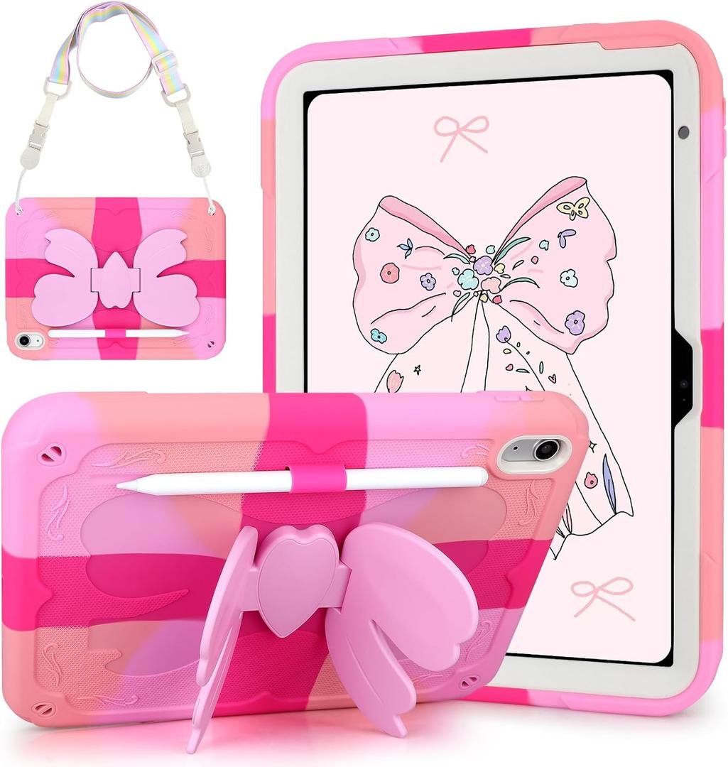 VOFUOE for iPad A16 Case 11th Generation 2025 11 Inch, for iPad 10th Generation Case 2022 10.9 Inch for Kids Girls with Sweet Bow Stand Shoulder Strap Pencil Holder Hard Protective Cover-Hot Pink