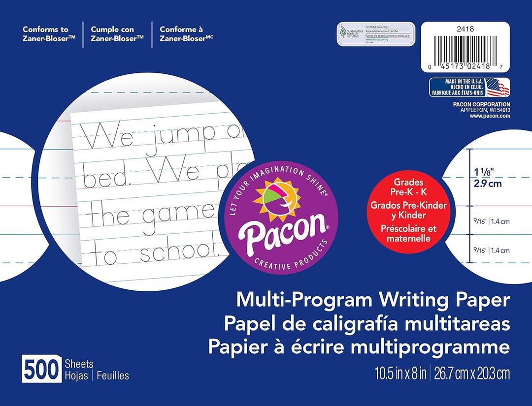 Pacon Multi-Program Handwriting Paper, 10 1/2"X8", Zaner-Bloser (Grade K), 500 Sheets