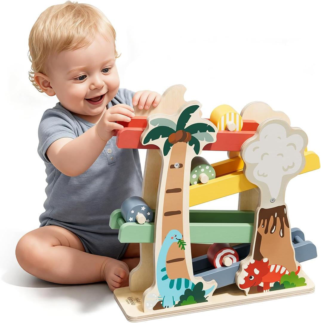 Lehoo Castle Wooden Car Ramp Toys for 1 Year Old Boy Birthday Gifts, Dinosaur Montessori Toys for 1 2 Year Old, Wooden Race Track with 4 Rollers Toddler Toys for 2 Year Old Boy