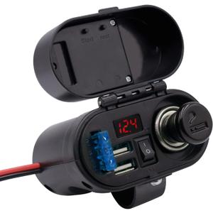 BlueFire 5V/3A Dual USB Charger Socket Waterproof Motorcycle Handlebar & Rear View Mirror Clamp Power Adapter Charger with Cigarette Lighter Socket, Voltmeter for Phones/Tablets/GPS (Black 1)
