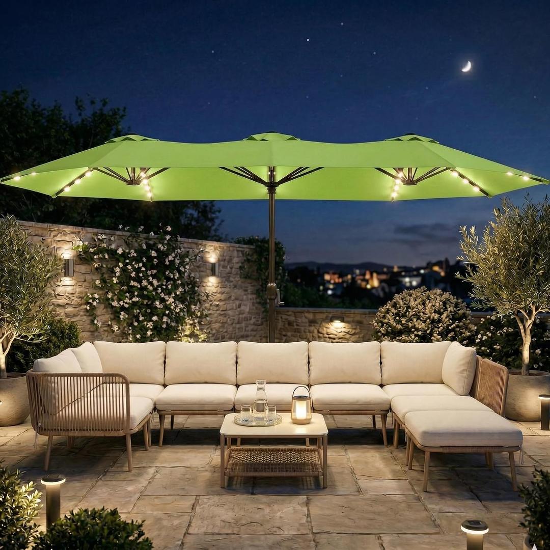 15FT Large Outdoor Patio Umbrella with Solar Lights and Base, Double-Sided Table Umbrellas with 48 LED Lights, Rectangle Market Umbrella for Pool, Deck, Backyard
