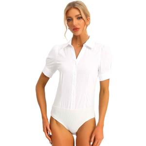 Allegra K Women's Bodysuit Button Down Work Shirt Collared Short Sleeve Tops Business Casual Body Suit Blouse (White, S)