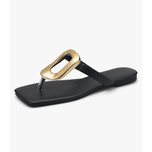 Womens Flat Sandals Leather Comfortable Flip Flops Slide Summer Beach Shoes with Metal Decoration Size 39