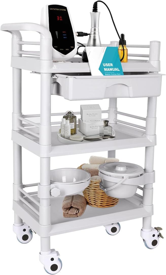 Mobile Medical Trolley Cart Portable 3-Tier Professional Cart 220 Lbs Load Utility Carts for Ultrasound Scanner Esthetician Carts with Drawer Lockable Rolling Wheels for Hospital Dental Clinic Home