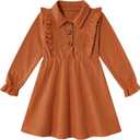 Girl Fall Dress Yellow Brown Toddler Long Sleeve Dresses Kids Ruffle Solid Stylish Outfit Size 5-6 Years