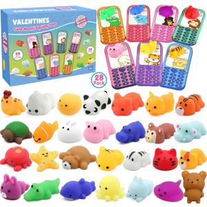 28 Pack Valentines Day Gifts for Kids School, Animal Mochi Squishies with Greeting Cards, Classroom Exchange Party Favors, Stress Relief Fidget Toys, School Prize Supplies