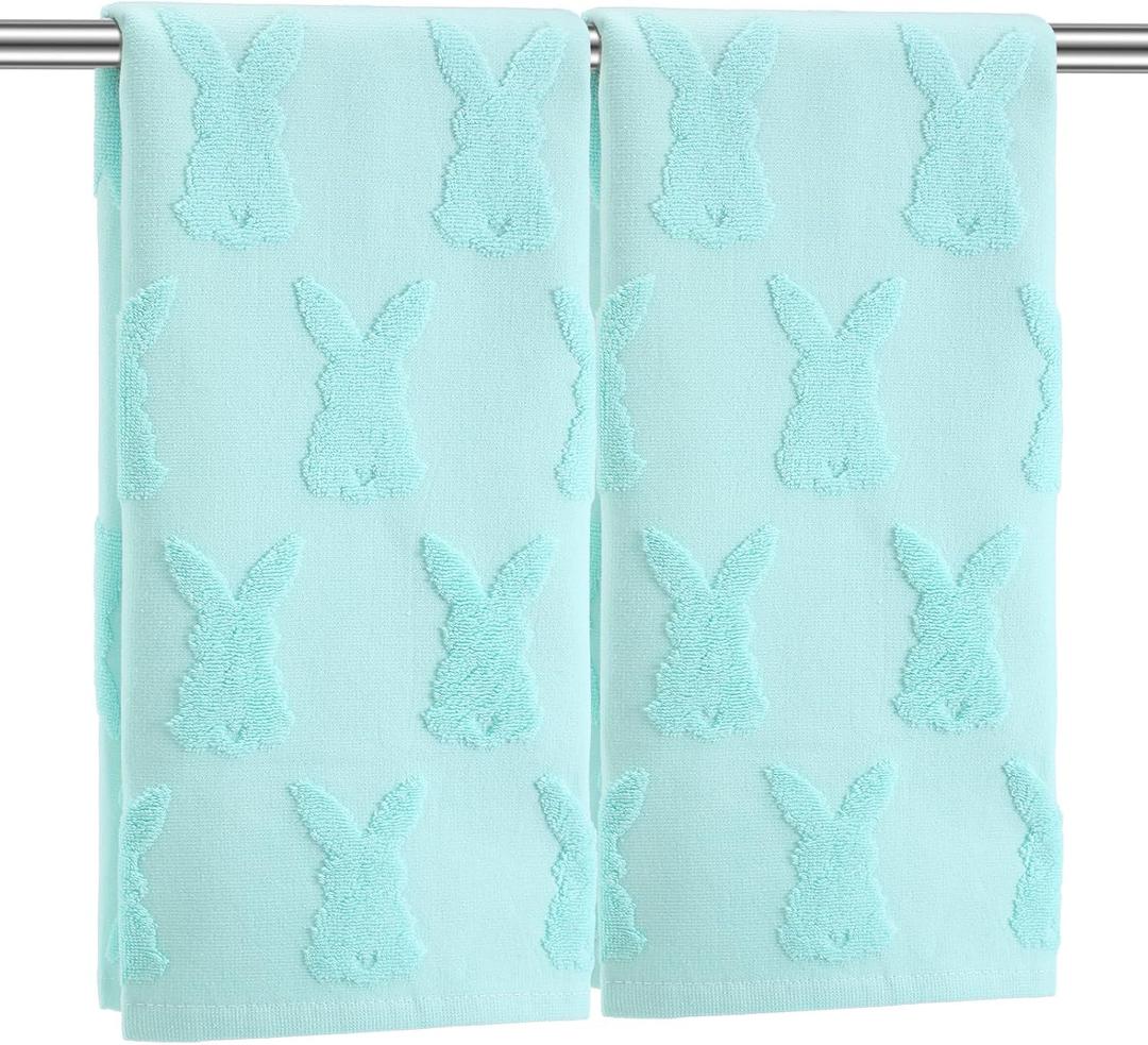 Tudomro 2 Pcs Easter Bunny Hand Towels for Bathroom 100% Cotton Rabbit Easter Bath Towel Jacquard Soft Absorbent Spring Kitchen Towel Dish Washcloth for Kitchen, 13.8 x 29.5 Inch(Mint Green,Classic)