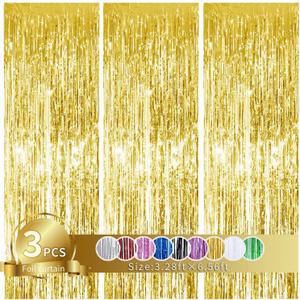 2 x 3Pcs Gold Metallic Tinsel Foil Fringe Curtains,3.28ft x 6.56ft Gold Photo Booth Backdrop Streamer Curtain,Photo Booth Props,Ideal Bachelorette Party Supplies, Birthday, Christmas,New Year Decorations