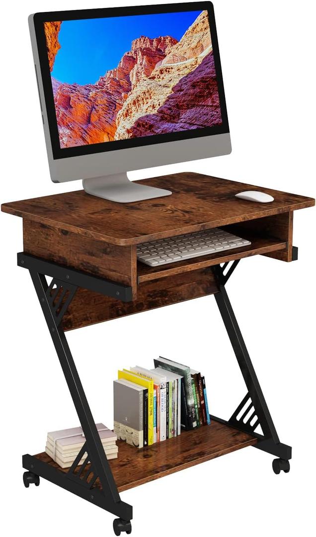 Zenira 24-Inch Small Computer Desk, 30-Inch Tall With Drawers, Corner Desk With Wheels for Gaming, Bedroom, Home, Office - Brown