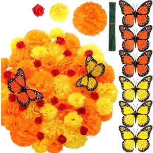 90 Pcs Marigolds Artificial Flowers Heads Bulk Mexican Party Decorations 4.72'' Artificial Butterfly 1.2'' 2'' 3.5'' Silk Marigold Flowers for DIY Xmas Party Garland (Red,Yellow,Orange)