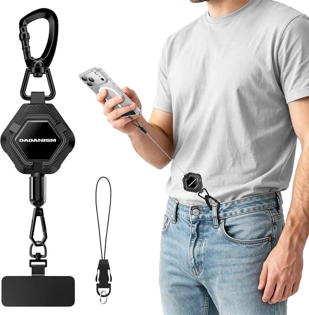 Dadanism Anti-Theft Phone Tether, Universal Phone Lanyard Retractable Steel Line Cell Phone Strap with Heavy-Duty Carabiner & 360 Rotatable Metal Tab for Outdoor Hiking Fishing Skiing Climbing, Black