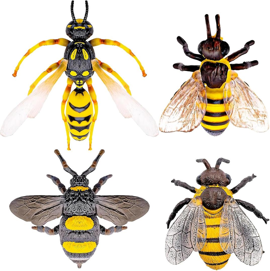 4 Realistic Honeybee Figurines - Various Bees Model, Fake Bees Animal Figures, Insect Toy for Science Project, Cake Topper