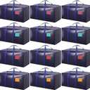 12 Pack Moving Bags with Full-Open Side Zipper, Extra Large 93L Heavy Duty Waterproof Foldable Storage Totes for College Dorm, Moving & Home Organization, Dark Blue
