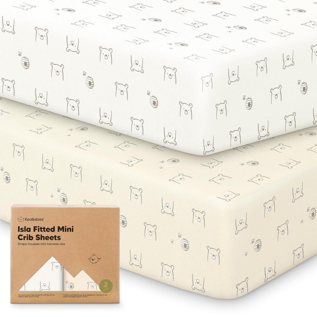 Pack and Play Sheets Fitted - 2-Pack Mini Crib Sheets for Pack N Play Mattress 38x26, Soft & Cozy, Neutral Toddler Playard Bedding, Snug Fitted Mini Baby Crib Mattress Cover Boy, Girl (Bumble Bear)