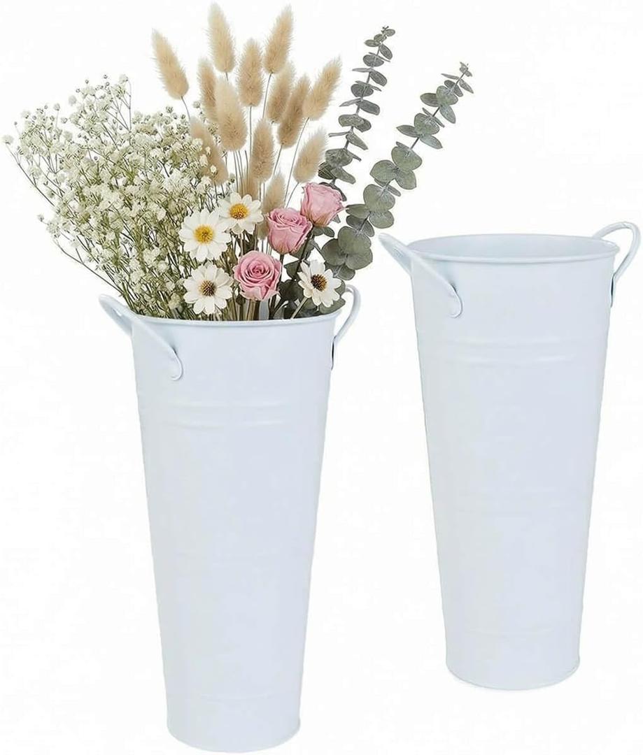 vensovo 9" Tall Galvanized Flower Bucket, 2 Pcs French Metal Vases with Handles, Tabletop Rustic Floral Buckets for Dried Flowers, Wedding Flower Bar & Home Decor, Pure White