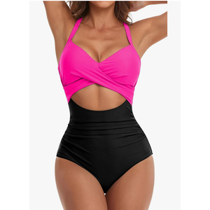 Eomenie Women's One Piece Swimsuits Tummy Control Cutout High Waisted Bathing Suit Wrap Tie Back 1 Piece Swimsuit M