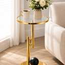 Modern Gold Side Table with Glass Top, Small Round End Table with Metal Base, Contemporary Accent Table for Living Room Bedroom Balcony, Space-Saving Decorative Table, 13.7*13.7*24