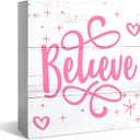 Wooden Box Signs: Believe, Merry Christmas, Perfect Pink & Red Decorations - 5x5 Inch, Great Gifts for Her