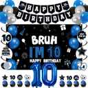 Vlipoeasn 10th Birthday Decorations Set for Boys Girls, 35PCS Black Blue 10 Year Old Birthday Backdrop Banner, Bruh I'm 10 Party Supplies