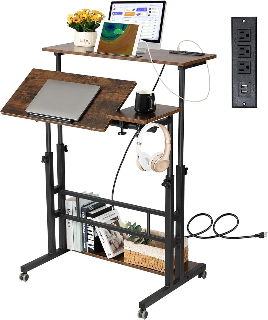Hadulcet Mobile Standing Desk Adjustable Height, Rolling Desk Stand Up Desk, Mobile Laptop Desk, Rolling Computer Desk with Charging Station, Portable Desk with Wheels, Rustic Brown