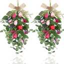 22" Spring Wreaths for Front Door 2 PCS Tulip Teardrop Swag Summer Wreaths with Purple Tassels, Eucalyptus Leaves, Ferns, Butterflies for Indoor Outdoor Wall Festival Home Farmhouse Wedding Decor