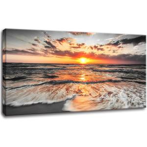 Yxbhhym-Large Pictures for Living Room Wall Decor Beach Wall Art Black and White Ocean Room Decor Sunset Canvas Prints Art Seascape Prints Poster Painting for Bedroom Wall Art Home Office Decoration