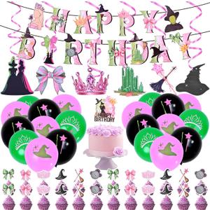 Pink and Green Witch Birthday Happy Birthday Party Decorations, Witch Theme Party Supplies Set Include Banner, Balloons and Cupcake Toppers for Girl's Party Decor