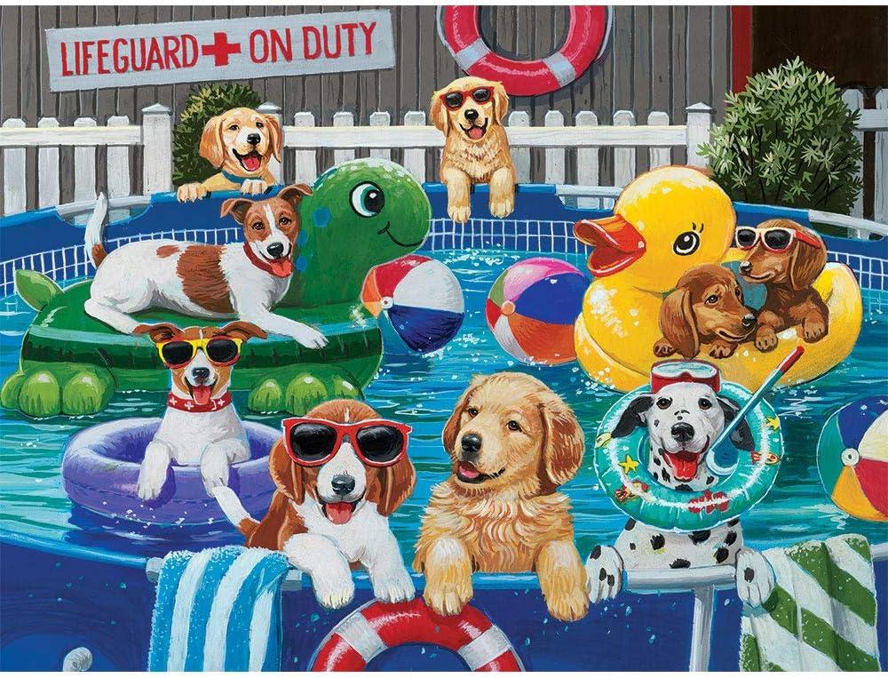 Bits and Pieces  1000 Piece Jigsaw Puzzle for Adults  Puppy Pool Party - Summer Swimming Dog Jigsaw Puzzle by Artist William Vanderdasson, Completed Puzzle Size: 20" x 27"