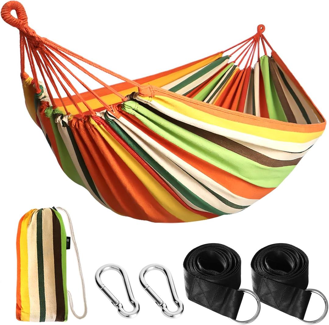ANYOO Cotton Hammock Portable Camping Hammocks for Hanging Sturdy Garden Comfortable Fabric Hammock with Tree Straps Up to 660lbs with Travel Bag for Camping Outdoor/Indoor Patio Backyard (Orange)