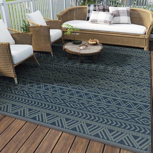 MontVoo Outdoor Rug 8x10 Waterproof Outdoor Patio Rug Mat Reverisble Plastic Straw Outdoor Rug for RV Camping Picnic Beach Balcony Boho Blue Green