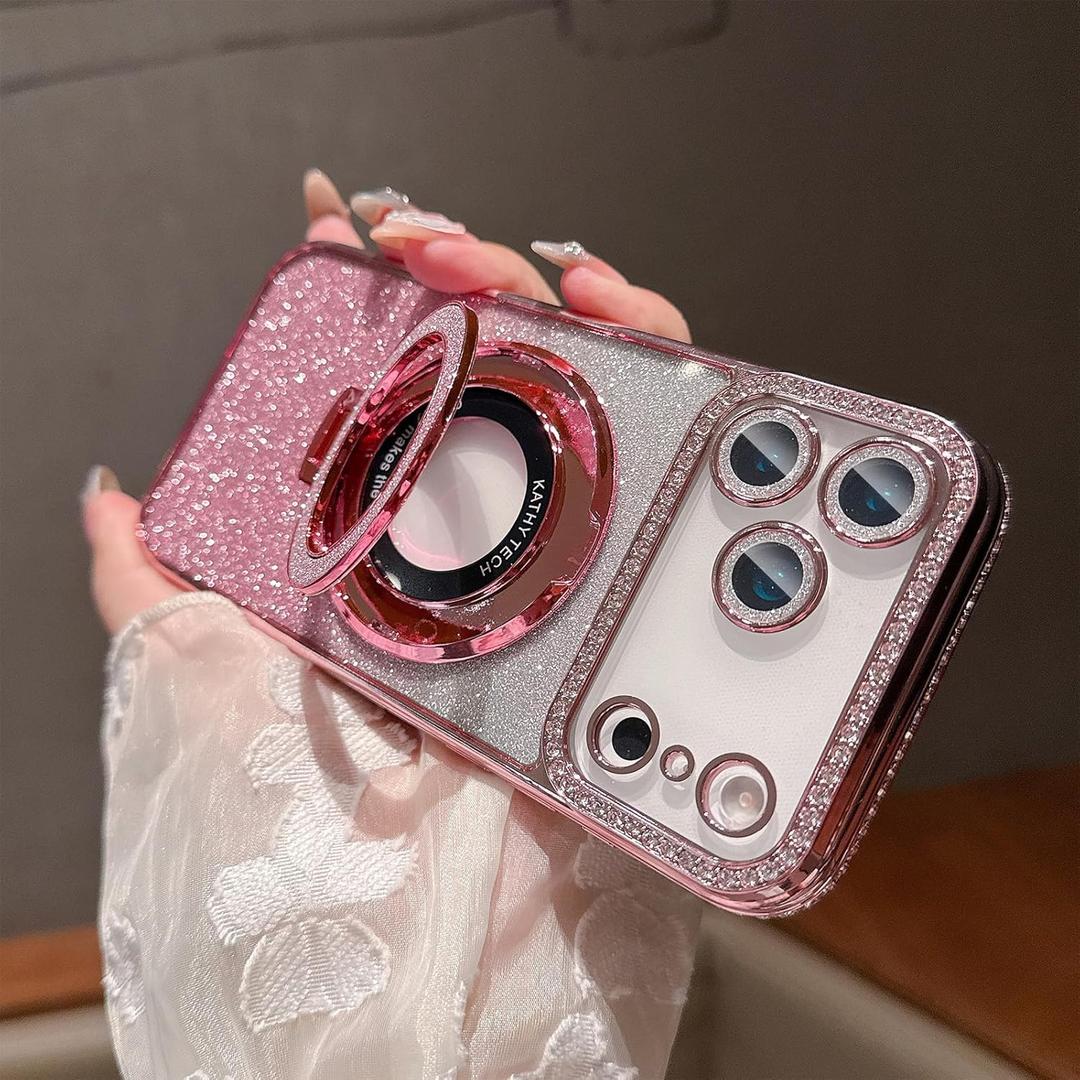 LXK Magnetic Stand for iPhone 17 Pro Max Case, [Compatible with Magsafe][Built-in Camera Lens Protector] Glitter Bling Card & Soft TPU Diamonds Bumper Protection Cover for Women Girls 6.9" Pink